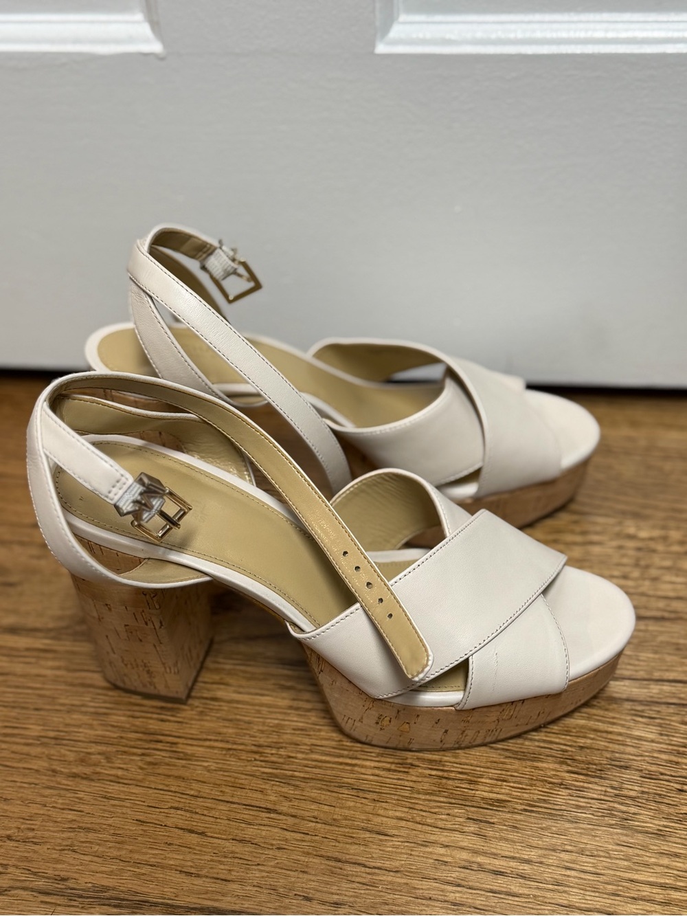 MICHAEL Michael Kors Cream Leather Platform Cork Block Heel Sandals